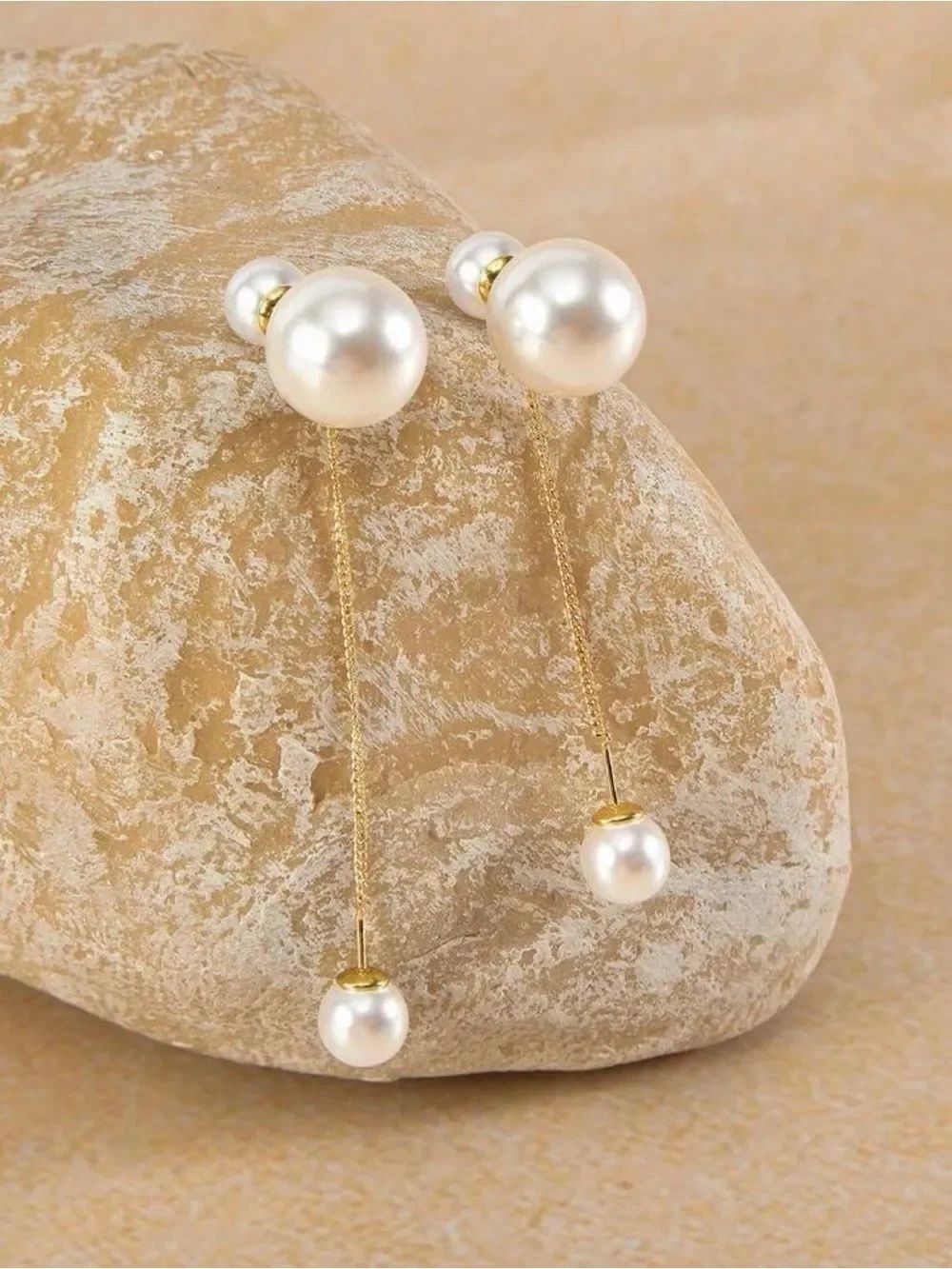 Gold Chain Double Pearl Drop Earrings A2109